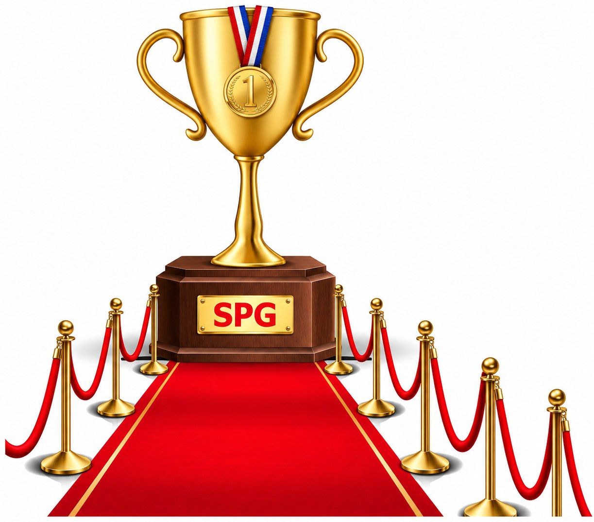 Gold trophy with an SPG plaque on a red carpet